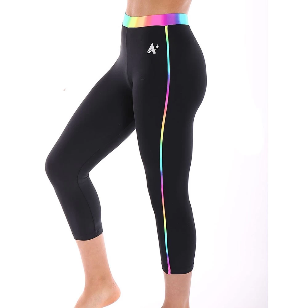 Rainbow Waistband Ladies 3/4 Leggings : Black Matt Leggings With And Stripe.