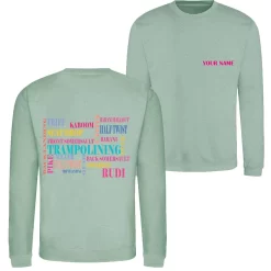 Trampolining Graphic Sweatshirt:- Sage Green Sweat With Fun Trampolining Infographic