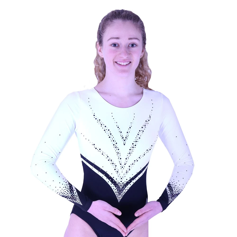 LUCIA – K625:- Black And White Matt Leotard With V Detail + Diamante - Image 3