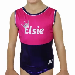 Personalised Leotard:- Plum Shimmer And Pink SL Leotard With Printed Name And Crown