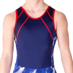 CHEVRON BV697 :- Boys Gymnastics Leotard In Navy With Red Detail And Patterned Panels
