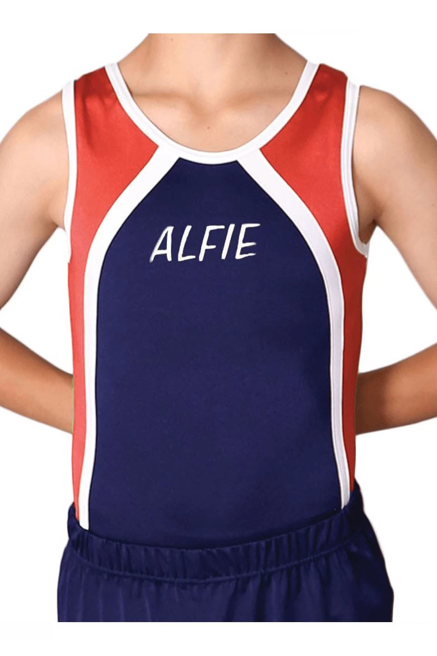 HARRY – BV154:- Mens Leotard In Navy, Red And White With Printed Name