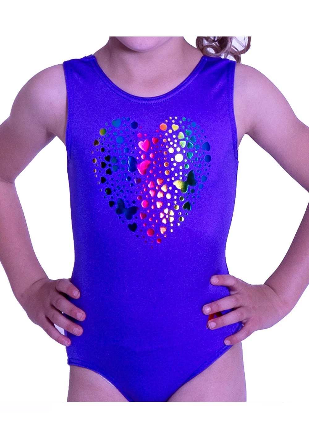 ELEANOR – P35: Cute Purple Lycra Leotard With Rainbow Butterly Heart