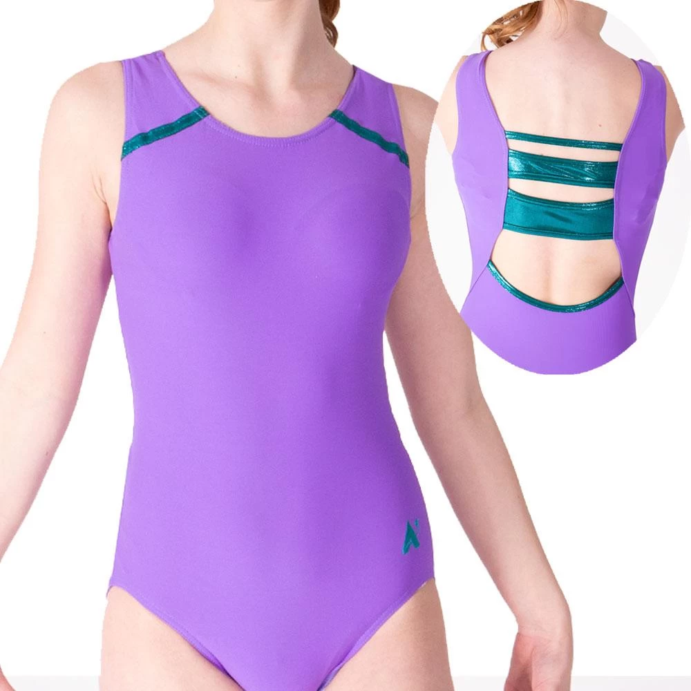 JANE Z690:- Purple Girls Leotard With Strappy Back In Teal Shimmer