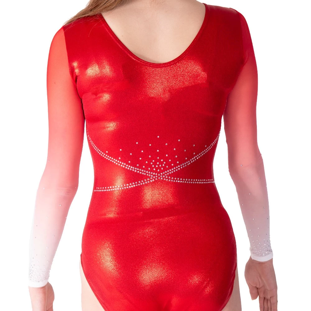 MARNIE – D103:- Sleeved Red Leotard With Ombre Net Sleeves - Image 4