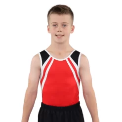REUBEN BV675:- Boys Gymnastics Leotard In Red, White And Black