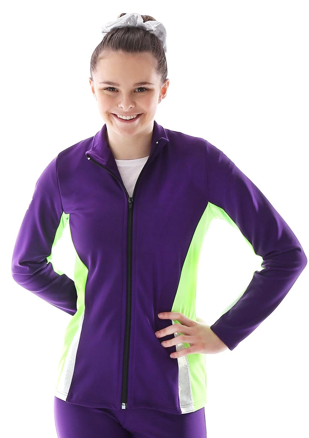 TS57 Ladies Tracksuit Jacket: In Purple With Flo Green Sides And Silver Shimmer Details - Image 4