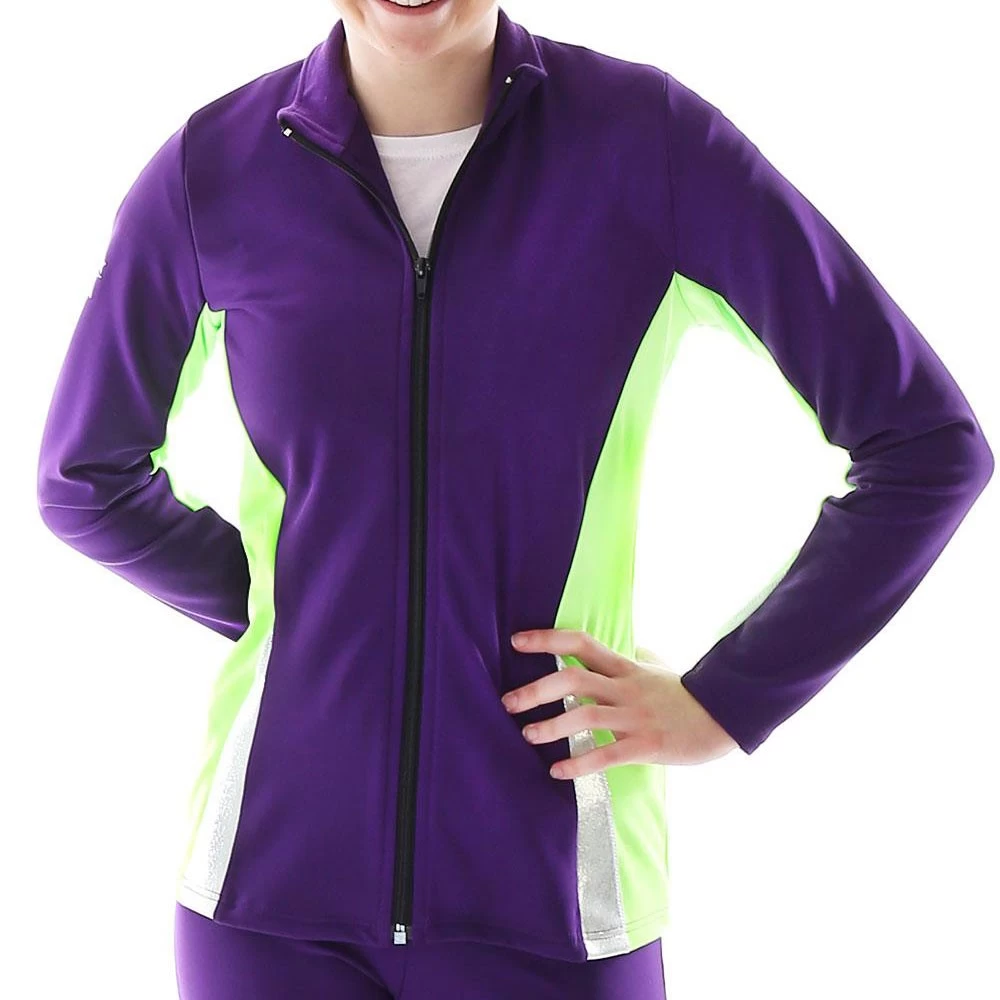 TS57 Ladies Tracksuit Jacket: In Purple With Flo Green Sides And Silver Shimmer Details