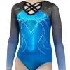 KIARA:- Long Sleeved Turquoise Leotard With Ombre Mesh Sleeves And Gems