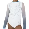 ANYA K714:- Girls Long Sleeved Leotard In White With Ombre Sleeves And Diamante